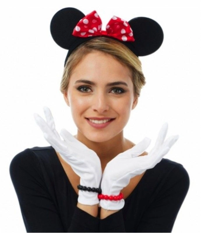 BUĞZ Kırmızı Fiyonklu Minnie Mouse Tacı ve Beyaz Eldiven Seti