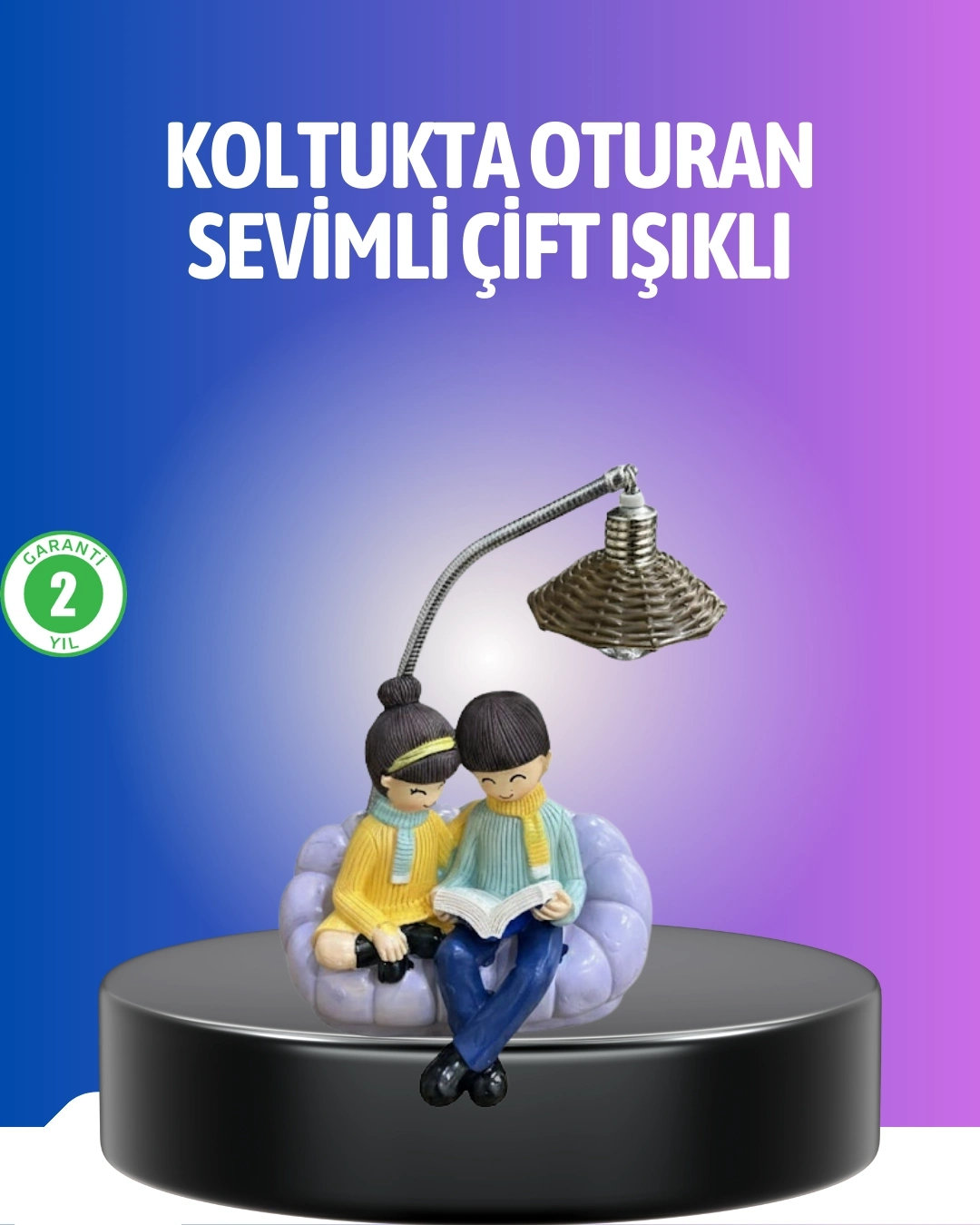BUĞZ Kitap Okuyan Çift Figürlü Gece Lambası Romantik Dekoratif Masa Lambası