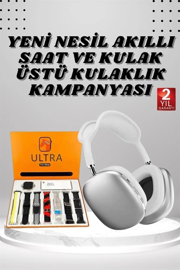 BUĞZ Kulak Üstü P9 Kablosuz Bluetooth Kulaklık ve 7 Kordonlu Akıllı Saat