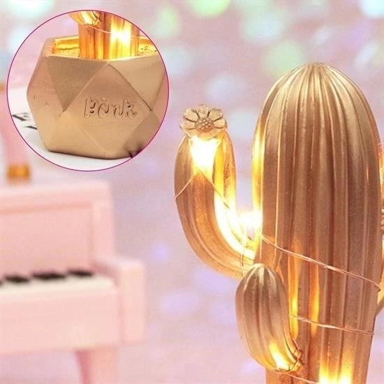 BUĞZ Led Işıklı Sevimli Kaktüs Dekoratif Masa Lambası Mini Biblo Gece Lambası-GOLD