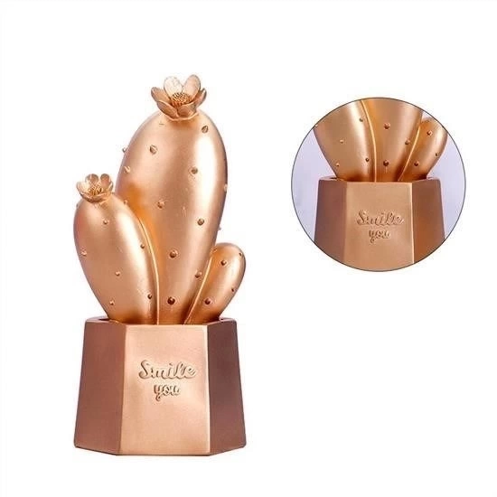 BUĞZ Led Işıklı Sevimli Kaktüs Dekoratif Masa Lambası Mini Biblo Gece Lambası Gold