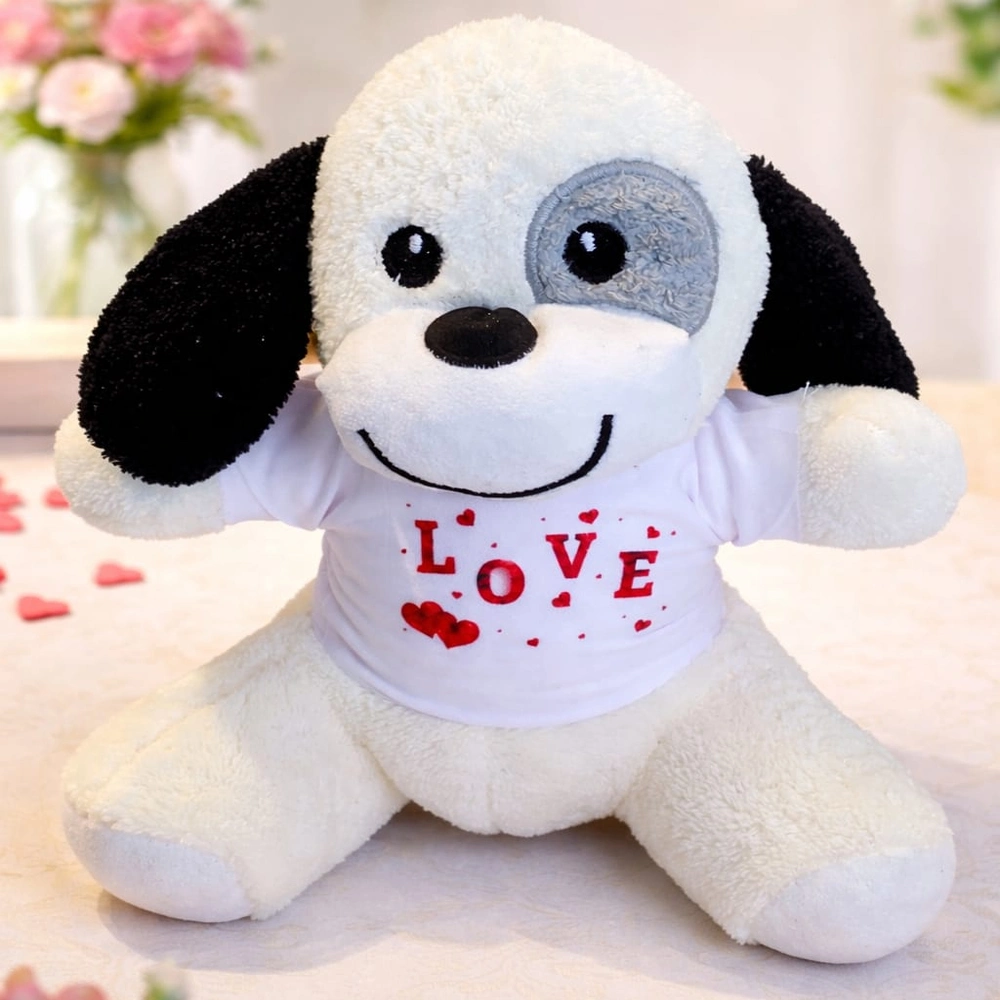 BUĞZ LOVE TİŞÖRTLÜ SEVİMLİ BENEKLİ PELUŞ KÖPEK