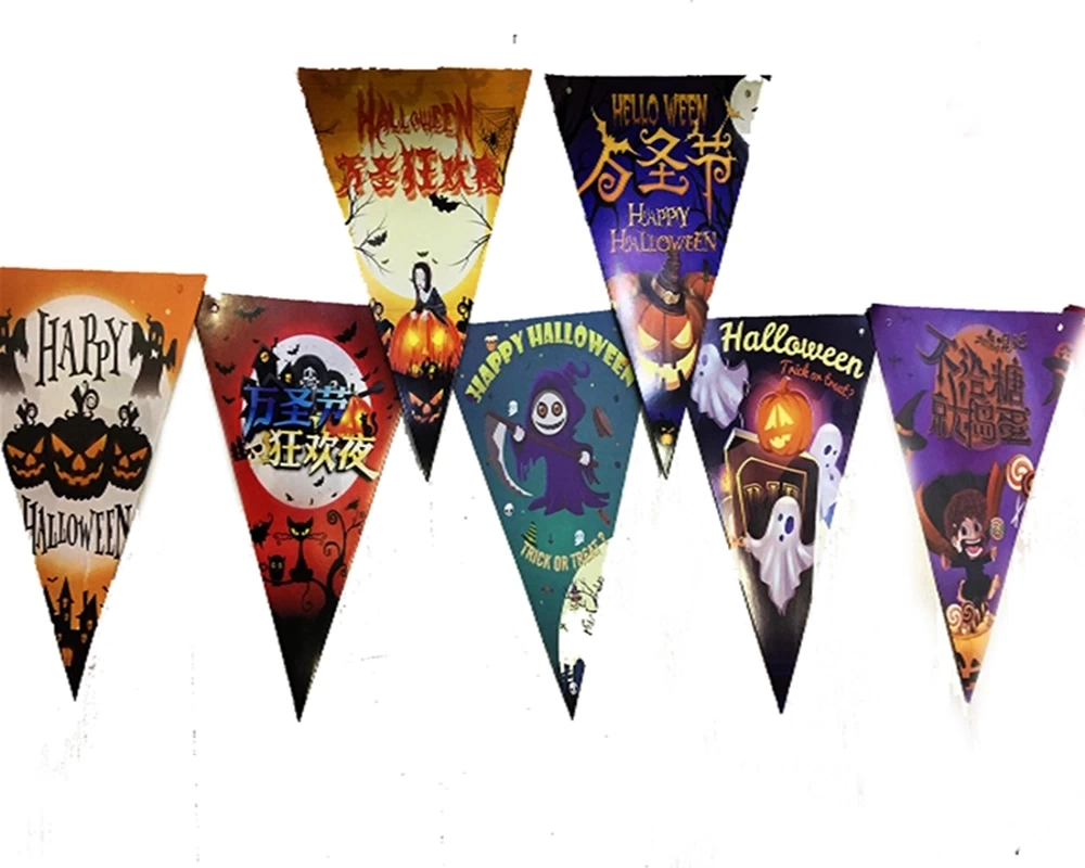 BUĞZ Lüks Baskılı Üçgen Model Halloween Banner Süs Bayrak 8 Li