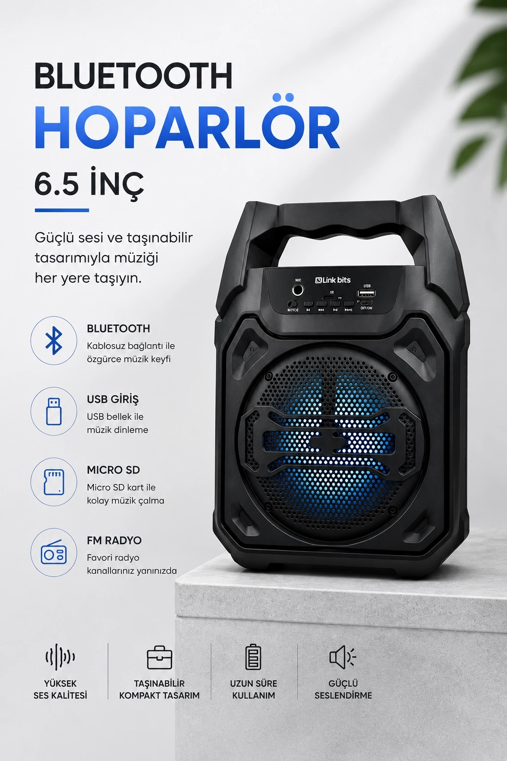 BUĞZ Mikrofonlu Bluetooth Ses Sistemli USB, Micro SD, FM ve Uzun Pil Ömrü