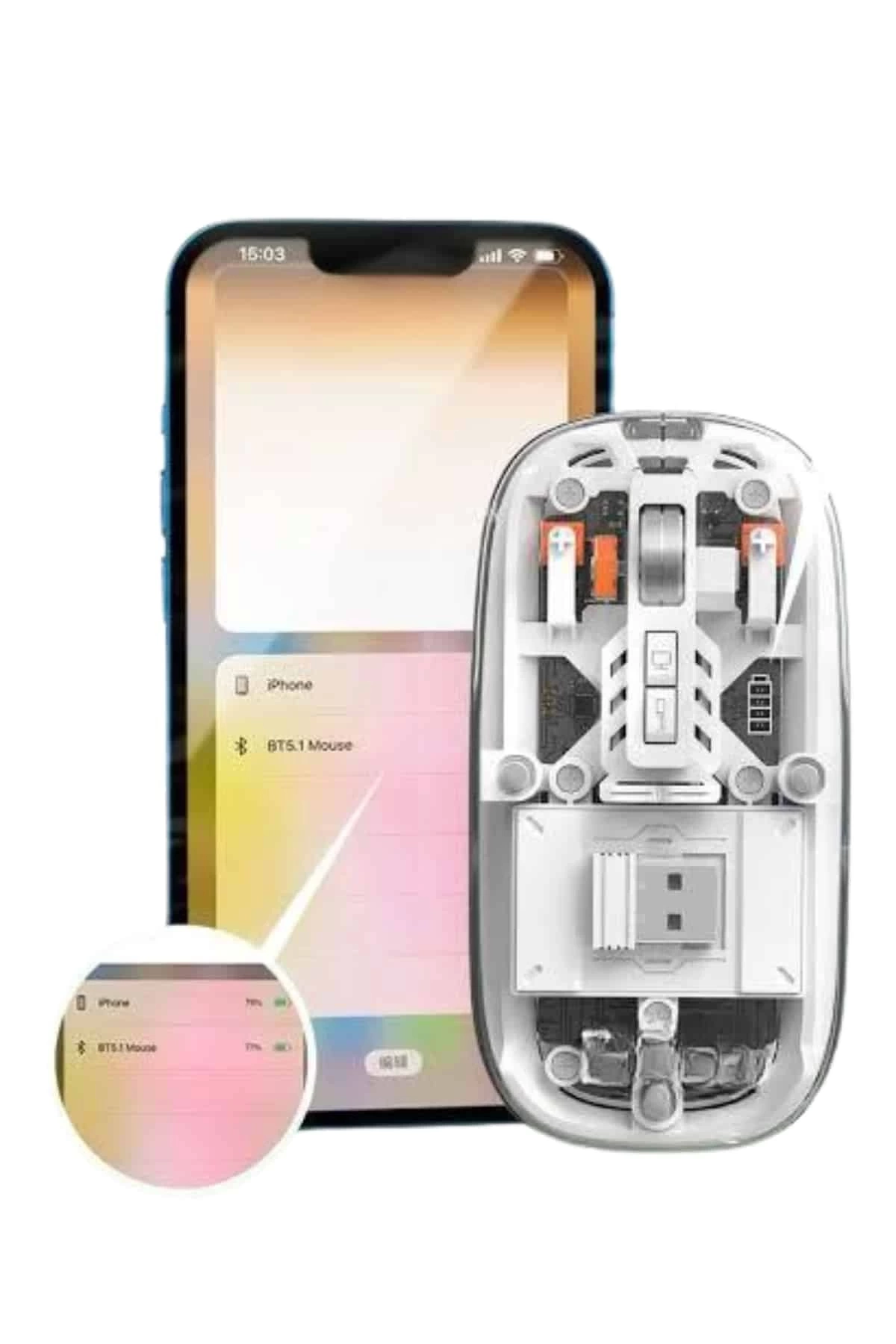 BUĞZ Mouse Fare Kablosuz Mouse Fare Şarjlı Bluetooth Sessiz 5 Tuşlu Şeffaf