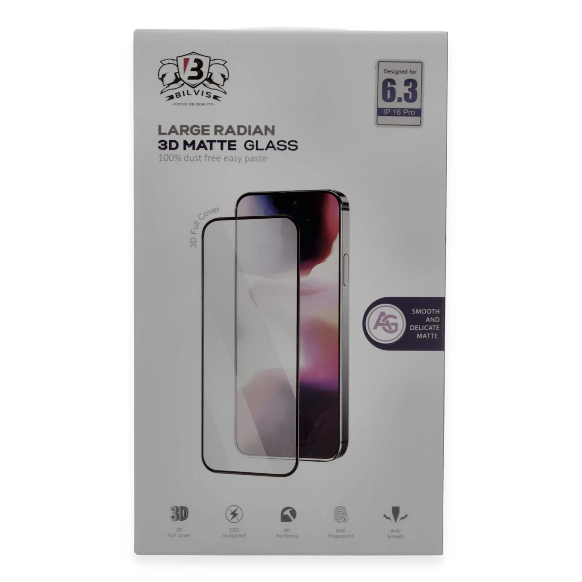BUĞZ İphone 16 Pro Bilvis 3d Mat Cam Ekran Koruyucu