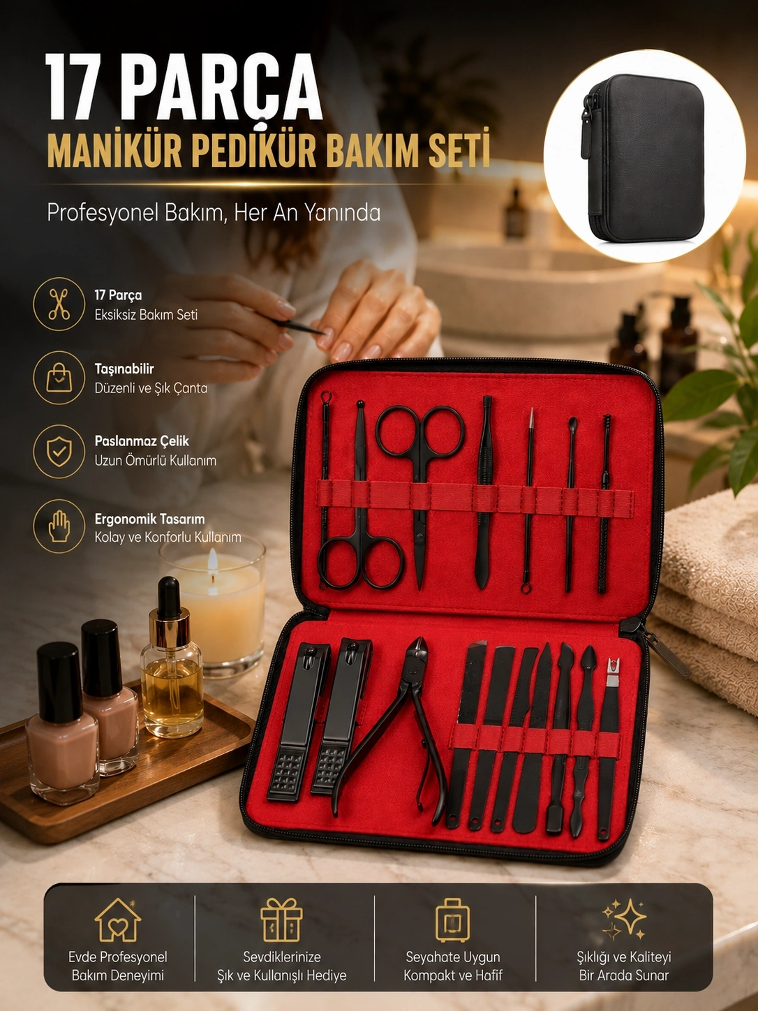 BUĞZ Paslanmaz Çelik 17 Parça Manikür Pedikür Seti ve Taşınabilir Şık Çanta