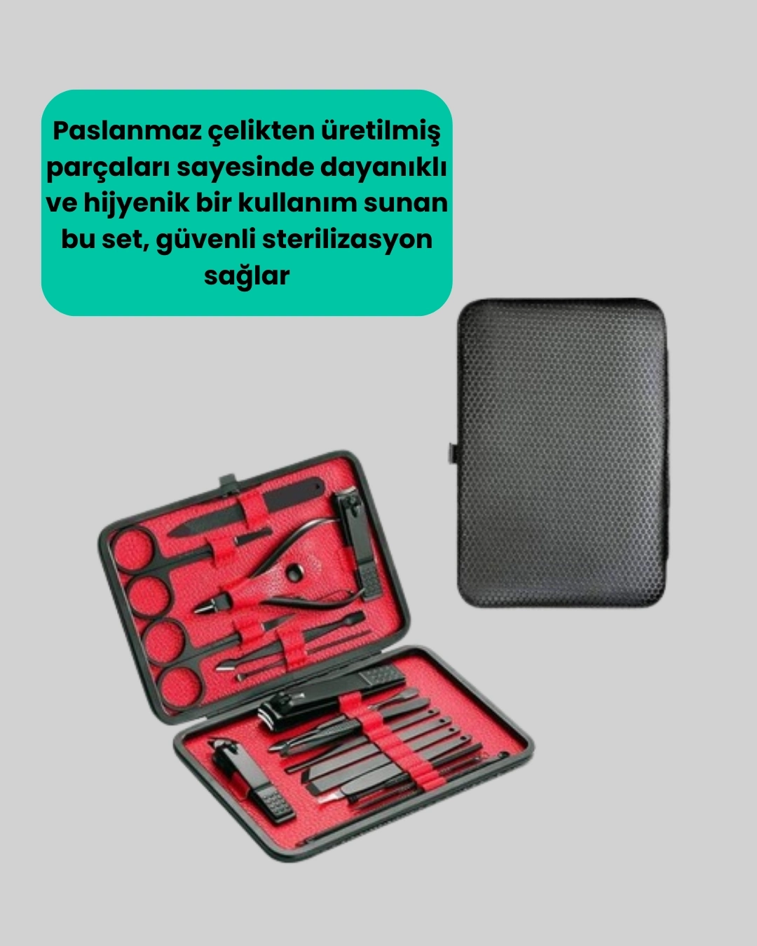 BUĞZ Paslanmaz Çelik 17 Parça Manikür Pedikür Seti ve Taşınabilir Şık Çanta