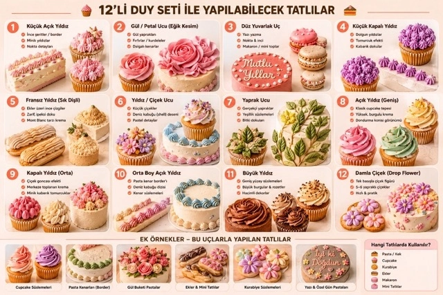 BUĞZ Profesyonel Pastalar İçin Tam Donanımlı 12'li Dekorasyon Seti (Paslanmaz Çelik Duy Seti)