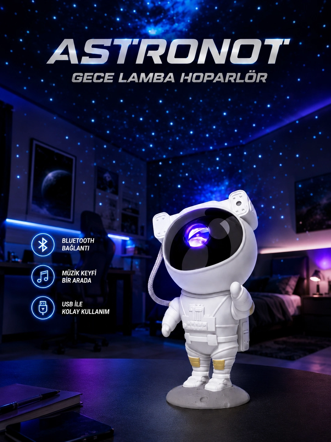 BUĞZ Projeksiyon Astronot Lamba Speaker Sevimli Astronot Bluetooth Hoparlör Yeni Nesil