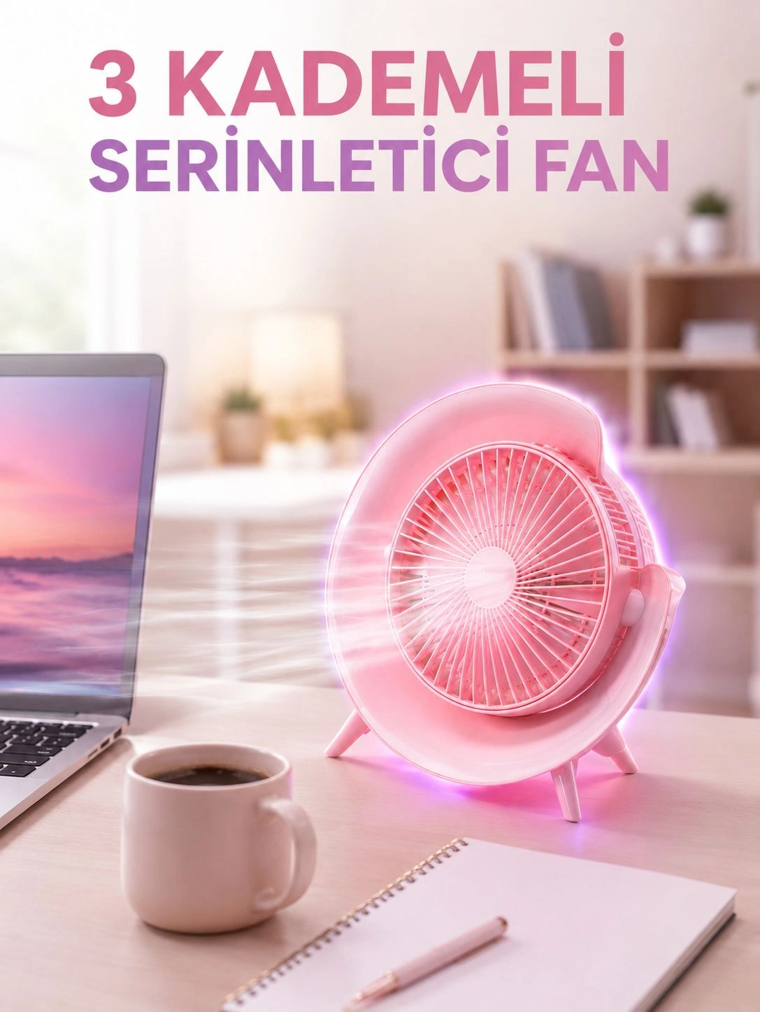 BUĞZ RGB Işıklı 3 Kademeli USB Şarjlı Masaüstü Vantilatör