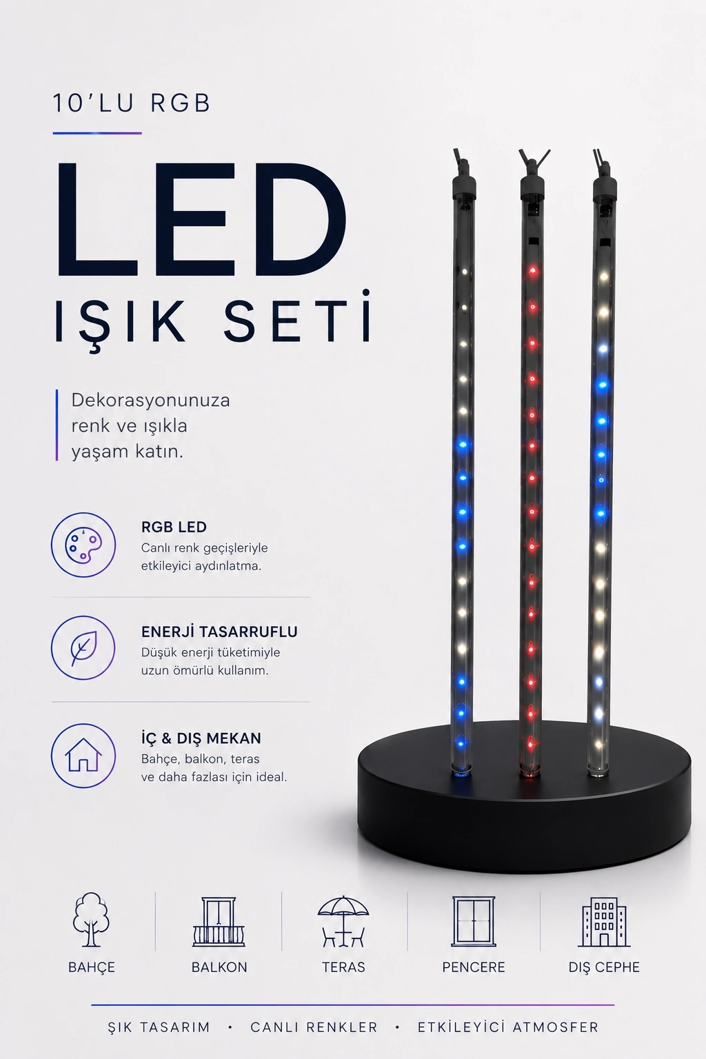 BUĞZ RGB LED Dış Ve İç Mekan Süsleme Işığı 10 Çubuklu Şerit