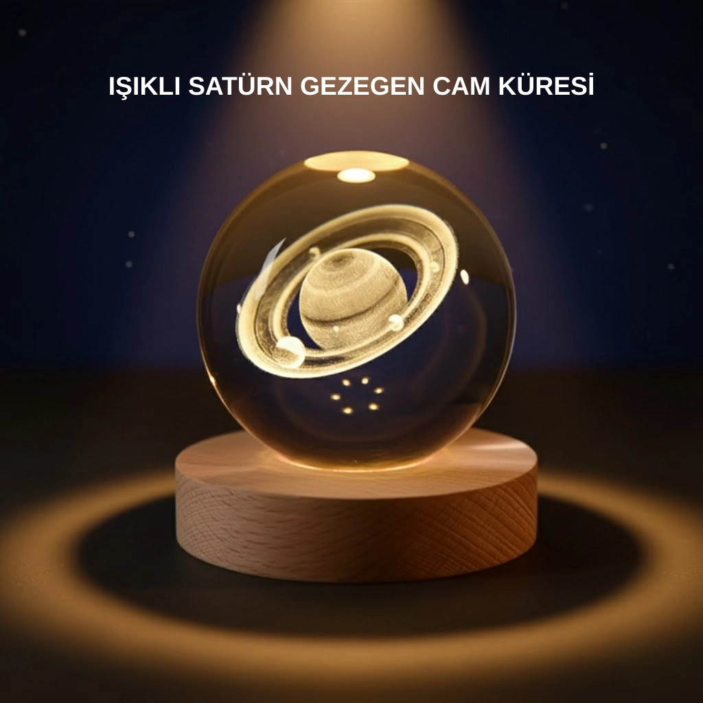 BUĞZ Satürn Desenli Kristal Küre LED Gece Lambası Ahşap Standlı