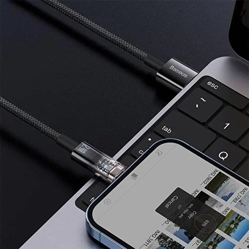 BUĞZ Şeffaf Uçlu iPhone 45w Usb Hızlı ve Dayanıklı Şarj ve Data Işıklı Örgü Kablo 1 Metre