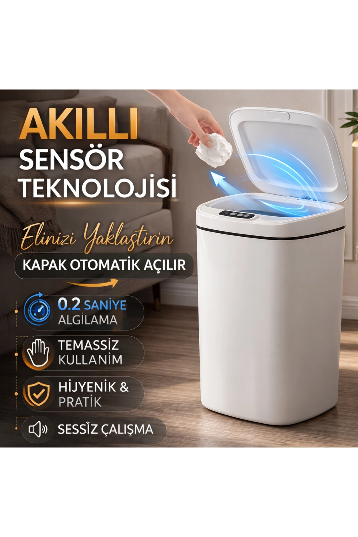 BUĞZ Sensörlü Çöp Kovası Otomatik Kapak Temassız
