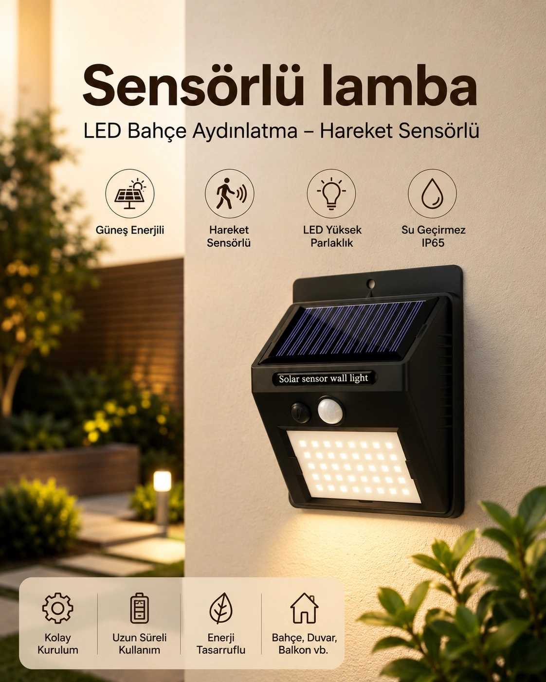 BUĞZ Sensörlü, Güneş Enerjili LED Duvar Lambası Bahçe ve Balkon Aydınlatma