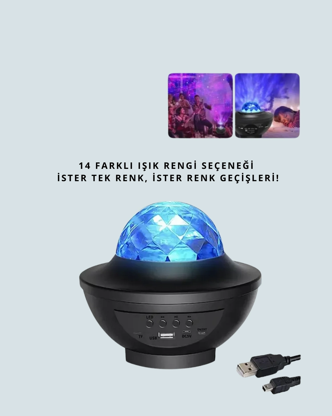 BUĞZ Sesle Etkileşimli Yıldız Projektörlü Gece Lambası – Bluetooth Hoparlörlü, USB Girişli, Dönen Okyanus