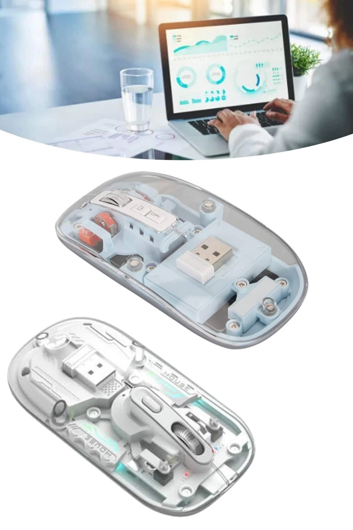 BUĞZ Sessiz Tıklama Çift Modlu Bluetooth Ve Alıcı Şeffaf Mouse Fare