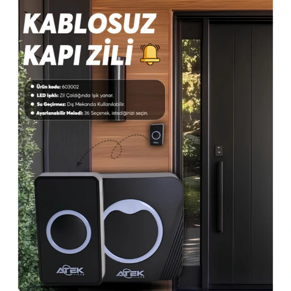 BUĞZ SİYAH KABLOSUZ SU GEÇİRMEZ KAPI ZİLİ