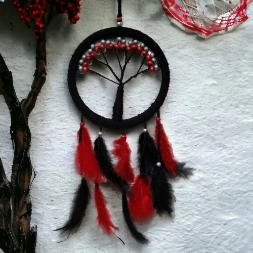 BUĞZ Siyah Kırmızı Hayat Ağacı Dream Catcher