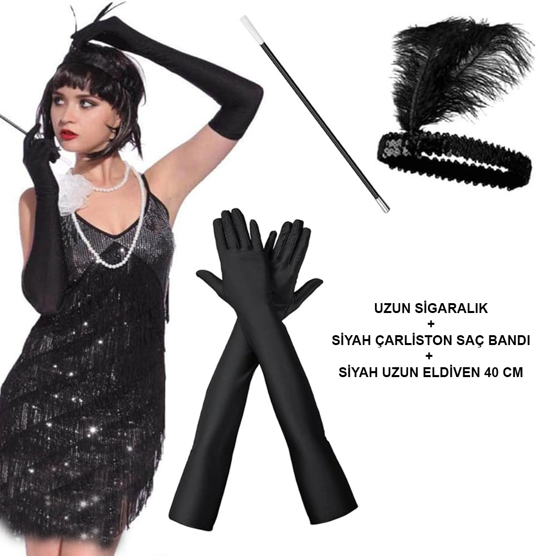 BUĞZ SİYAH RETRO CHARLİSTON AKSESUAR SETİ