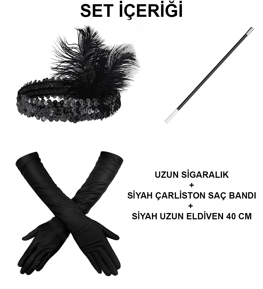 BUĞZ SİYAH RETRO CHARLİSTON AKSESUAR SETİ