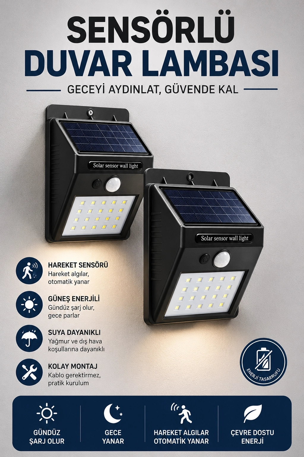 BUĞZ Solar Sensörlü Duvar Lambası Bahçe Lamba 20 Led Işık