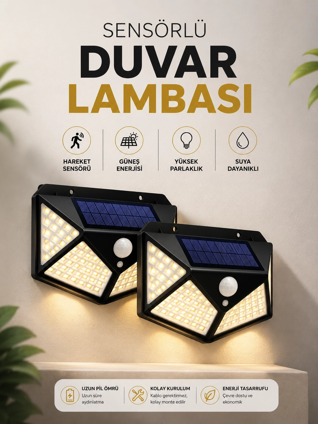 BUĞZ Solar Sensörlü Duvar Lambası Bahçe Lambaso Parlak Beyaz Işık Suya Dayanıklı