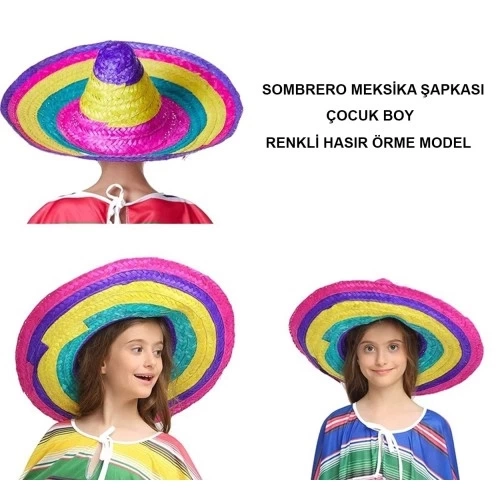 BUĞZ Sombrero Meksika Şapkası Renkli Örme Hasır Çocuk Boy