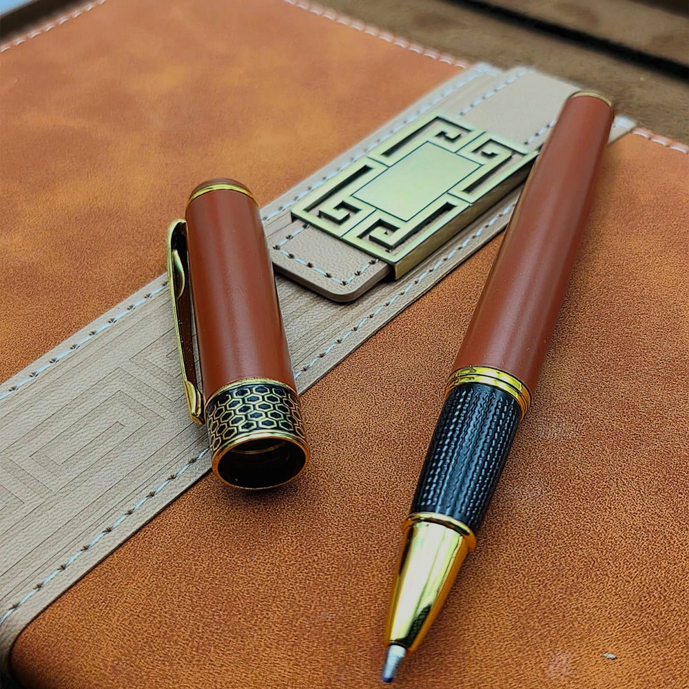 BUĞZ TABA RENGİ TERMO DERİ DEFTER VE METAL ROLLER KALEM SETİ