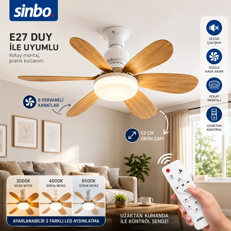 BUĞZ Tavan Vantilatörü ve LED Avize - Uzaktan Kumandalı - 6 Kanatlı - 52 cm