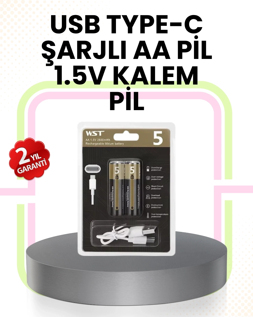 BUĞZ Tekrar Şarj Edilebilir AA USB Type-C Pil | 1000+ Döngü | 1.5V Sabit Voltaj