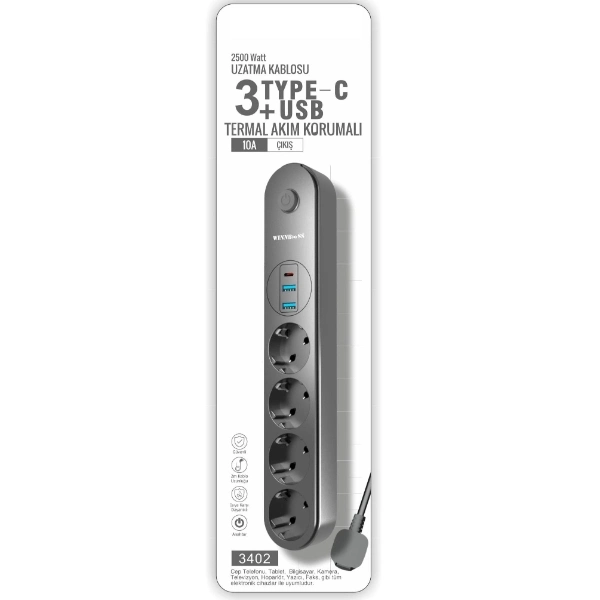 BUĞZ Termal Akım Korumalı 4 Prizli USB Girişli Uzatma Kablosu