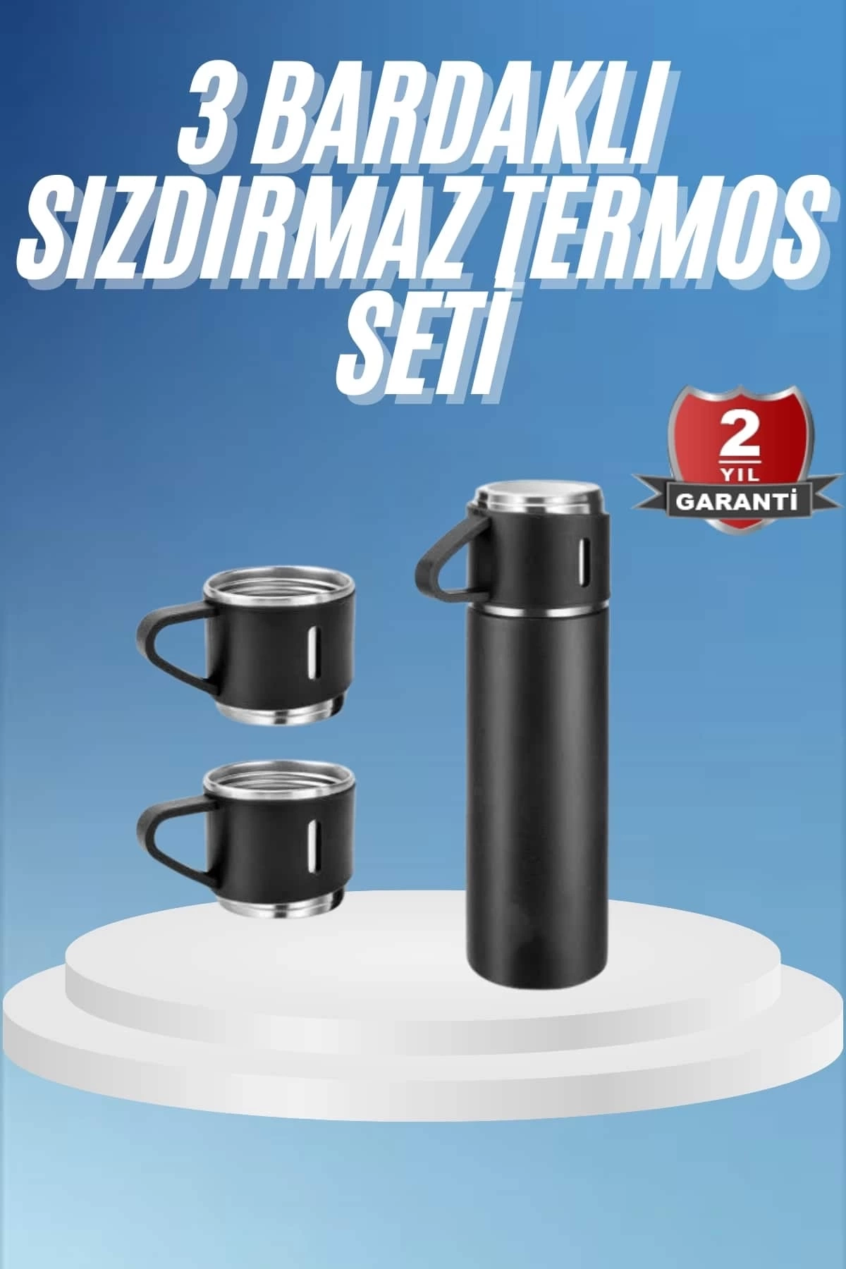 BUĞZ Termos Paslanmaz Çelik Termos Siyah Renk 3 Bardaklı Termos Seti