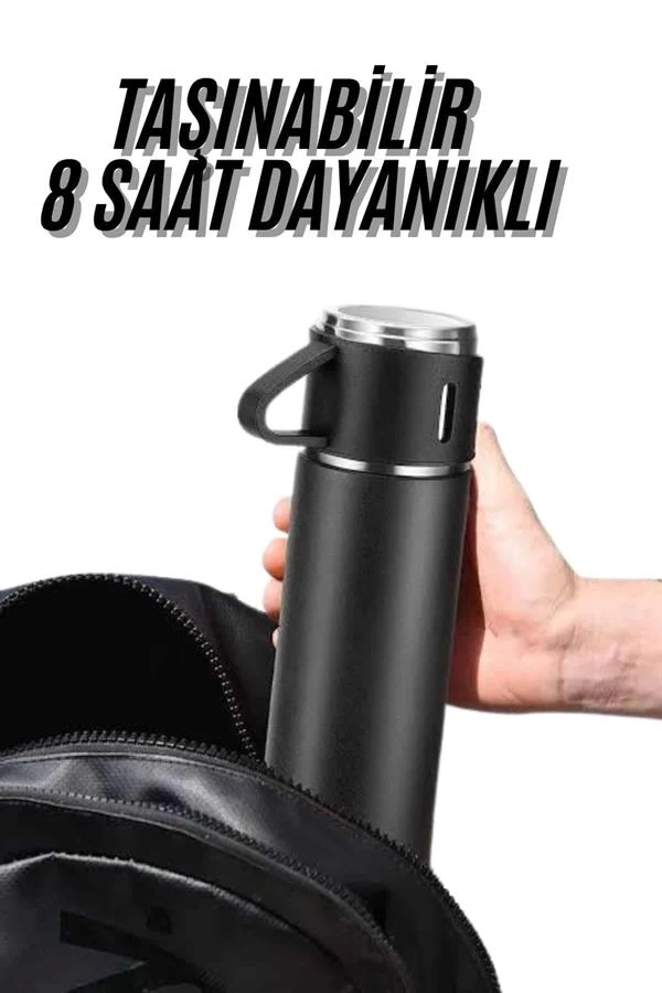 BUĞZ Termos Seti 3'lü Bardak Seti Isı Dayanıklı Siyah Paslanmaz Çelik Vakumlu