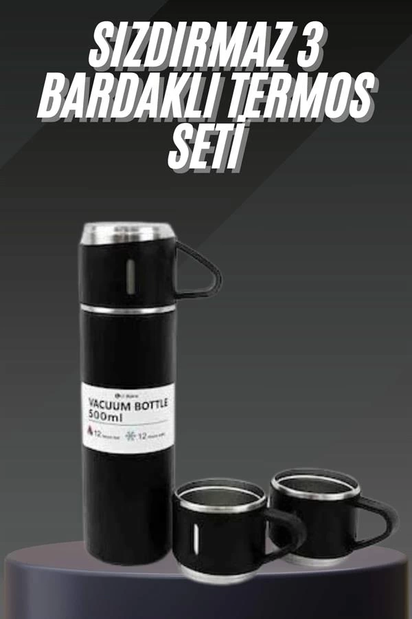 BUĞZ Termos Seti Paslanmaz Çelik 3 Bardaklı Vakumlu Termos Set 500 Ml 12 Saate Kadar Isı Koruma