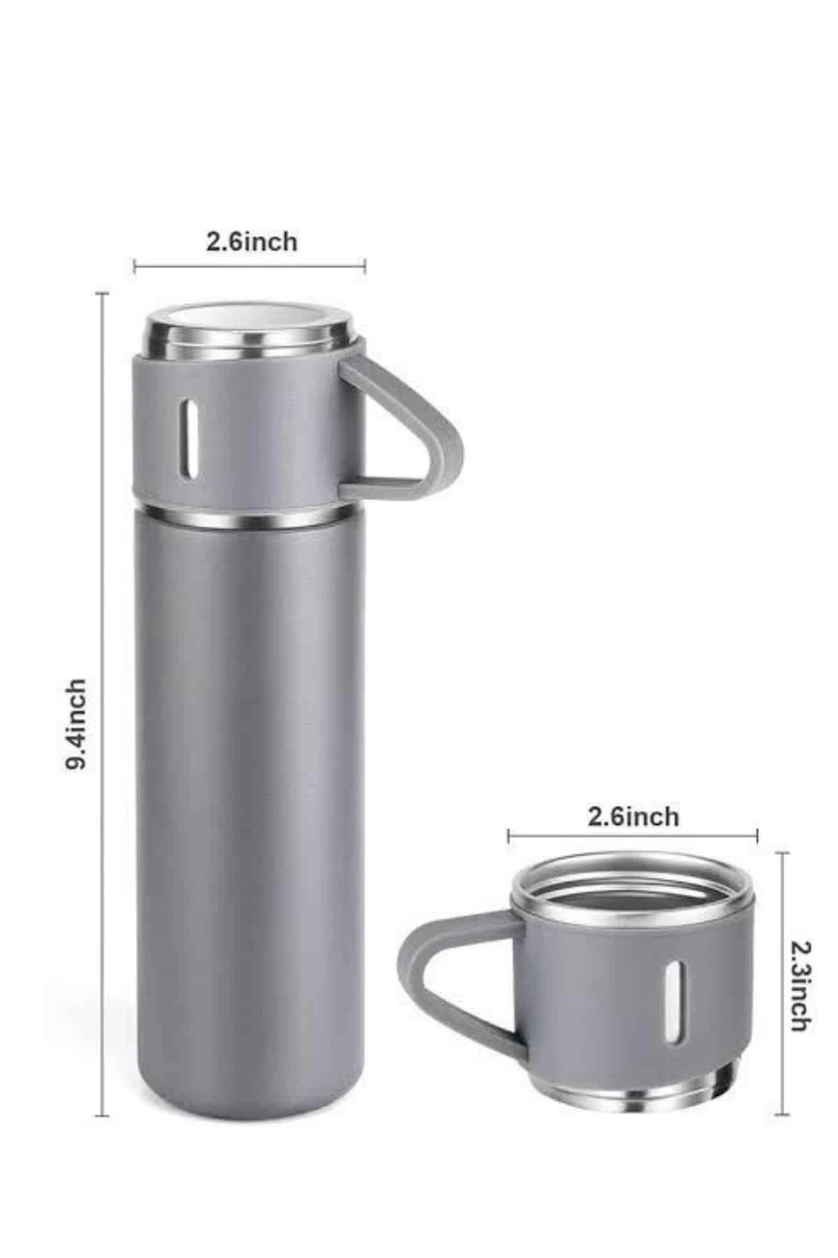 BUĞZ Termos Seti Paslanmaz Çelik 3 Bardaklı Vakumlu Termos Set 500 Ml 12 Saate Kadar Isı Koruma