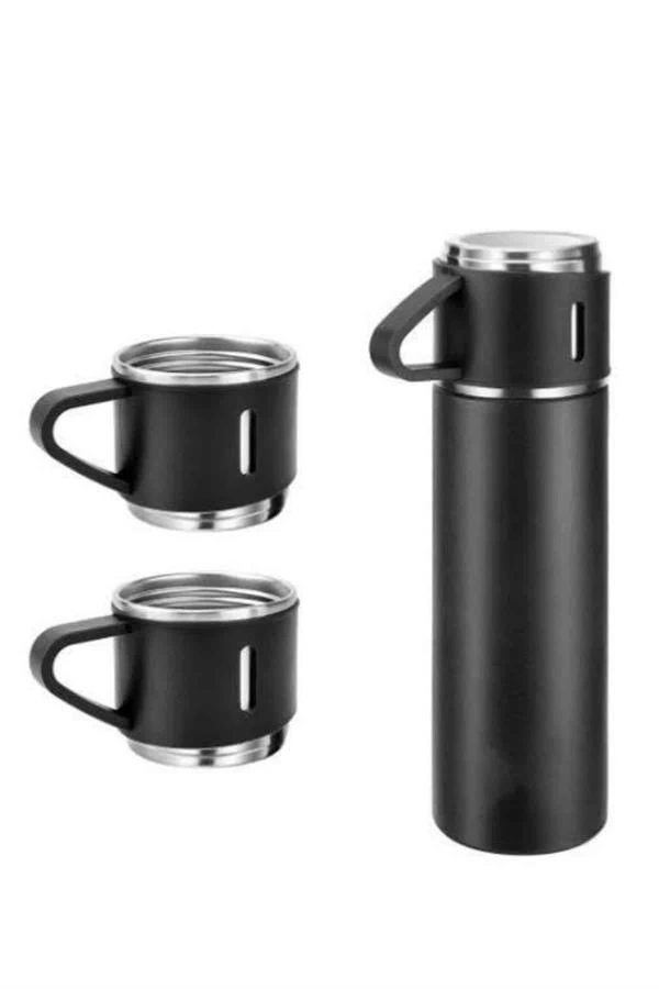 BUĞZ Termos Seti Paslanmaz Çelik 3 Bardaklı Vakumlu Termos Set 500 Ml 12 Saate Kadar Isı Koruma