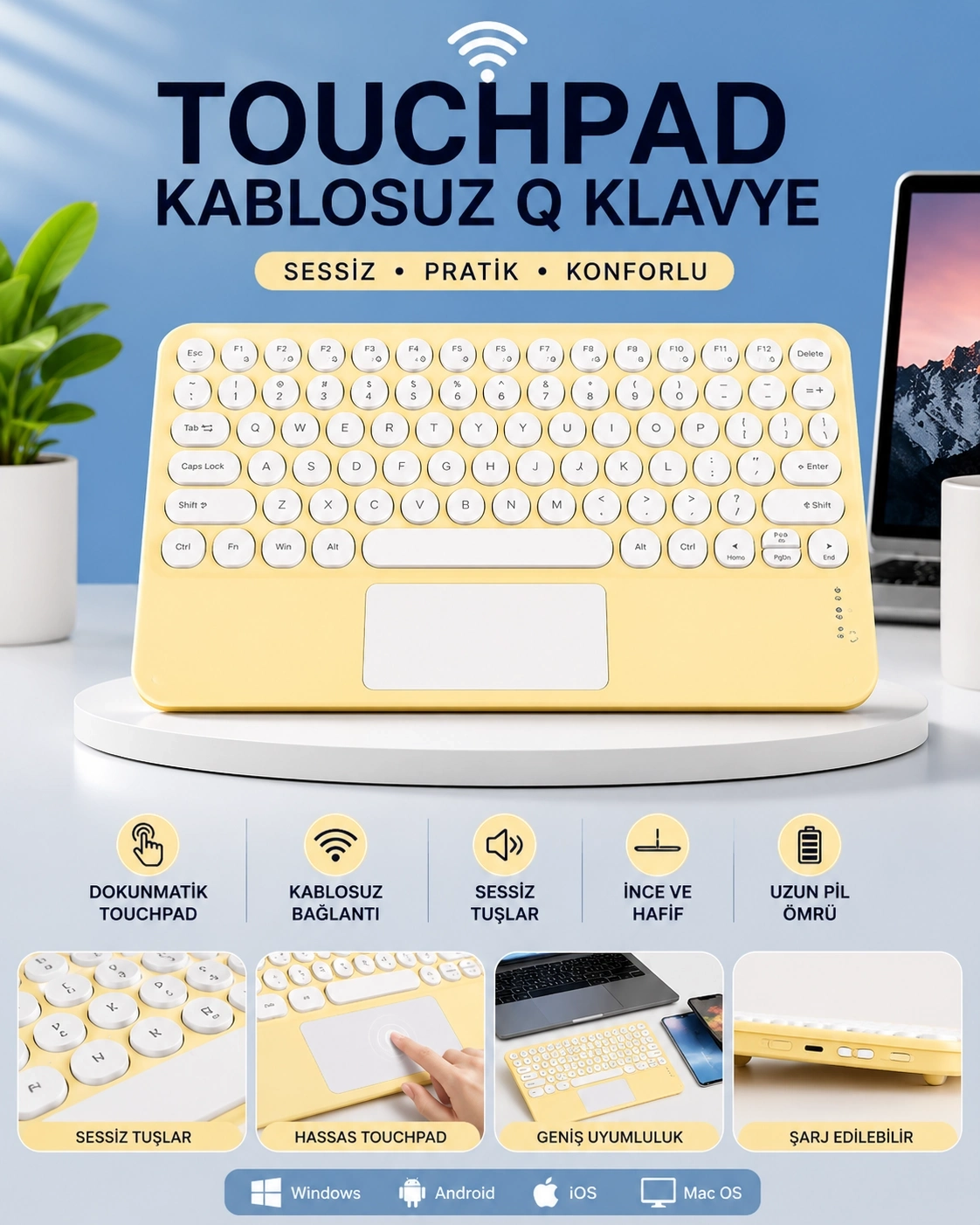 BUĞZ Touchpad Tüm Cihazlara Uyumlu Bluetooth Klavye Touchpad Slim Kablosuz Wifi Q Klavye