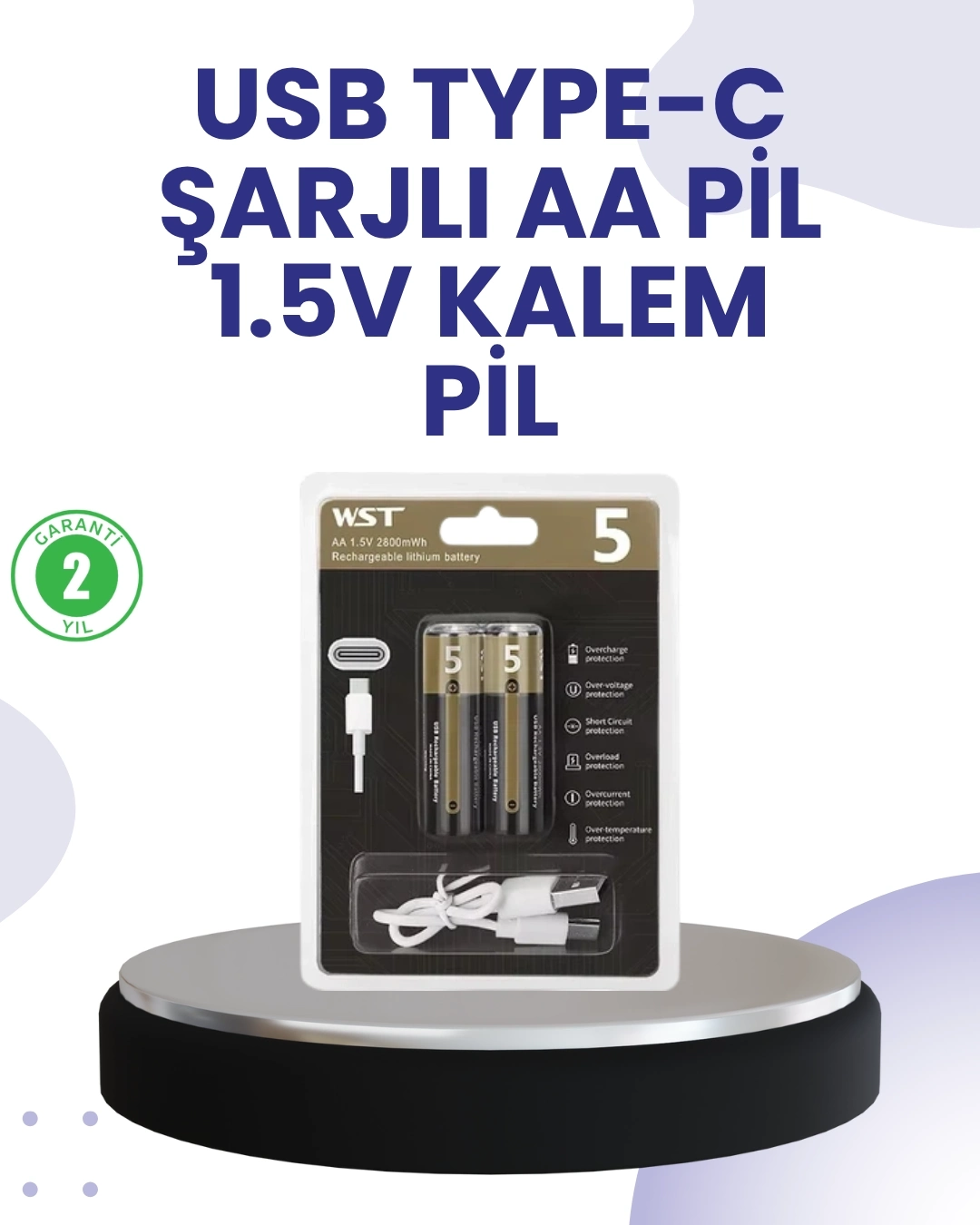 BUĞZ Type-C USB ile Hızlı Şarj Edilebilir AA Kalem Pil | 1.5V Lityum | Çiftli Paket