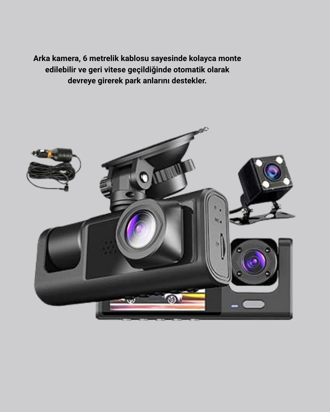 BUĞZ Üç Kameralı Araç DVR Full HD Gece Görüşlü ve 2 inç IPS Ekranlı