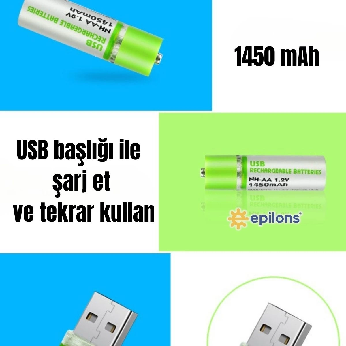 BUĞZ Usb ile Şarj Olabilen 2 li 1450 mah Lityum Kalın Şarjlı Kalem Pil