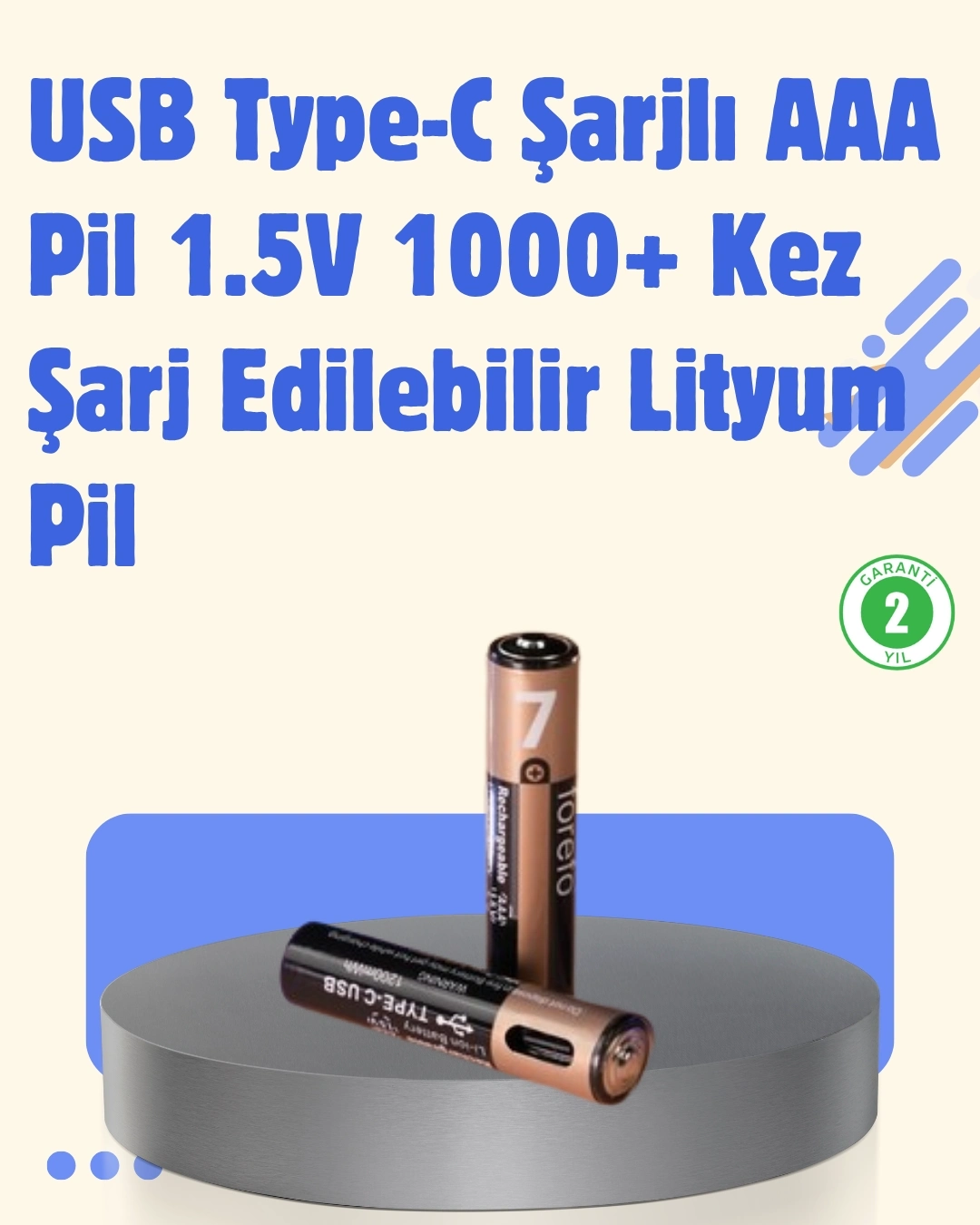 BUĞZ USB Type-C Şarjlı AAA Lityum Pil 1000+ Şarj Döngüsü ile Uzun Ömür