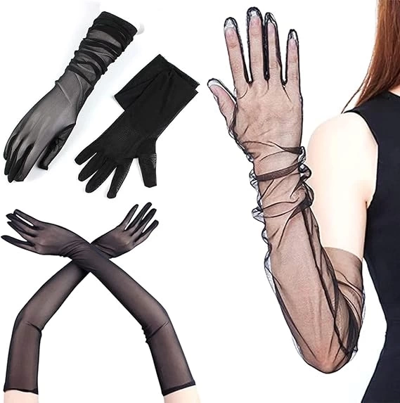 BUĞZ Uzun Boy Likralı Siyah Renk Yetişkin Mega Tül Eldiven 53 cm