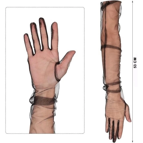 BUĞZ Uzun Boy Likralı Siyah Yetişkin Mega Tül Eldiven