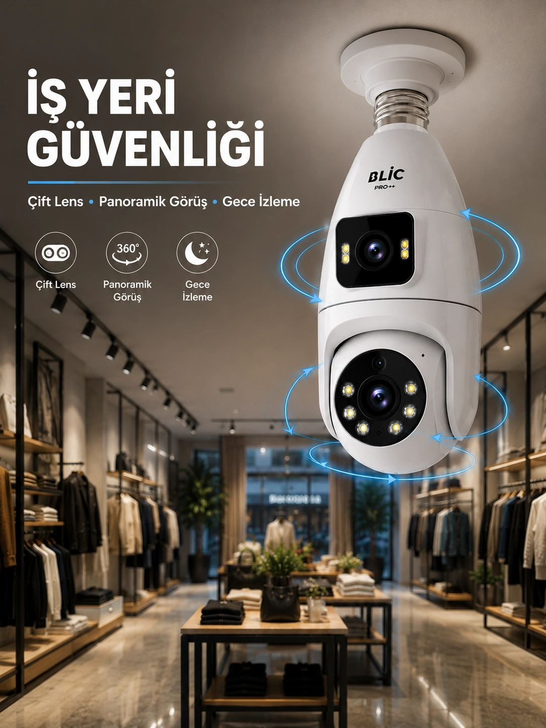 BUĞZ Wi-Fi Çift Lens Ampul Kamera  Akıllı Ev Güvenliği