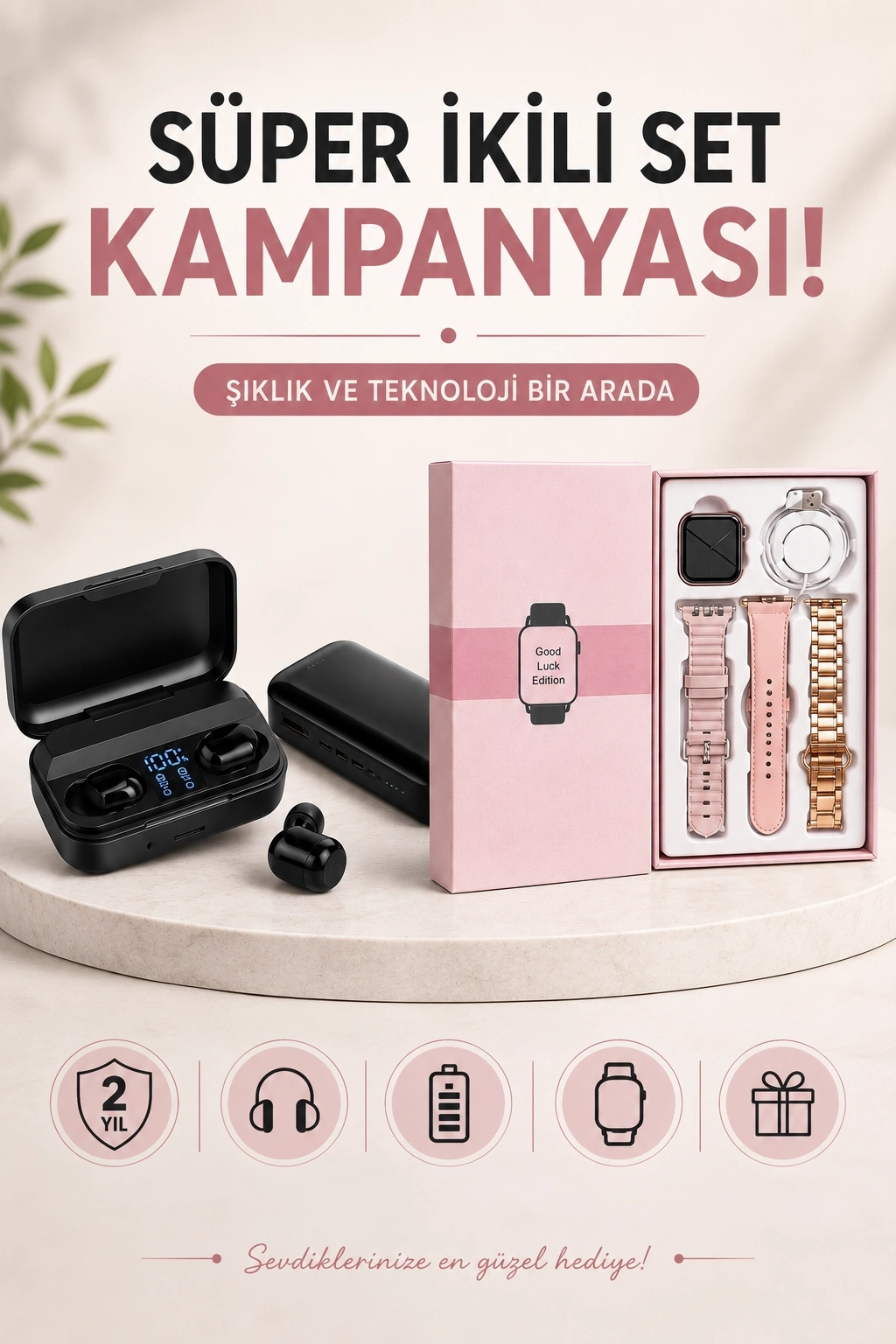 BUĞZ Wireless Şarjlı Pembe Akıllı Saat ve Kablosuz Bluetooth Kulaklık Dokunmatik Kontrol