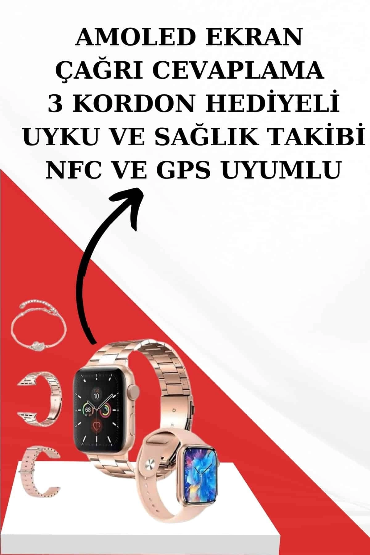 BUĞZ Wireless Şarjlı Pembe Akıllı Saat ve Kablosuz Bluetooth Kulaklık Dokunmatik Kontrol
