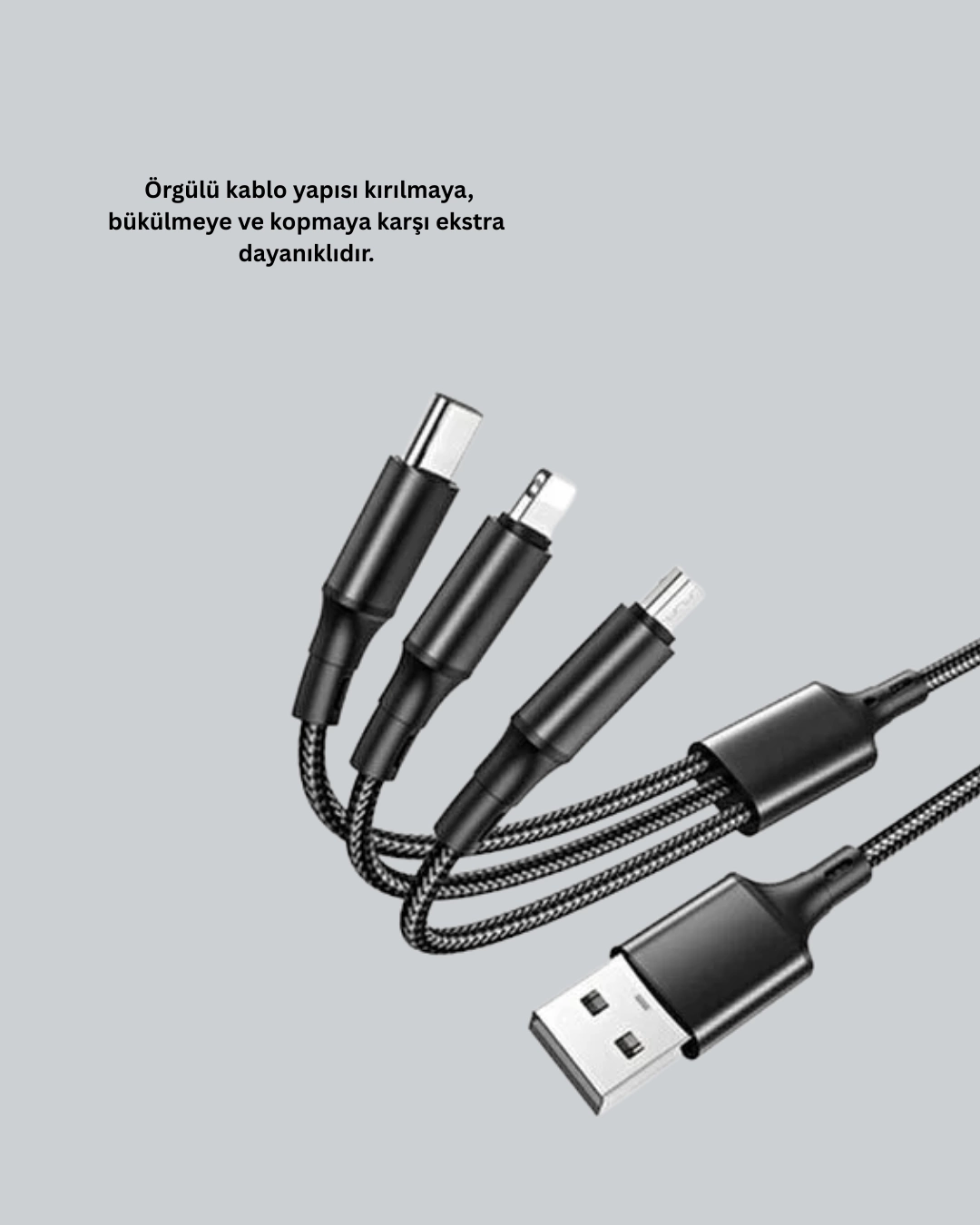 BUĞZ Evrensel 3 Başlıklı Şarj Kablosu – iPhone Huawei Samsung İçin