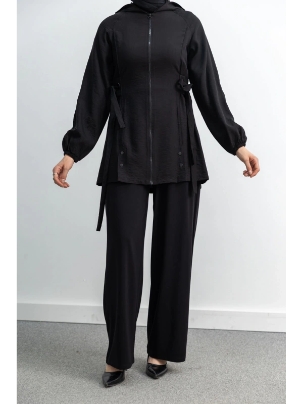 Letafet Şerit Detaylı Kapüşonlu Fermuarlı Ceket - SİYAH